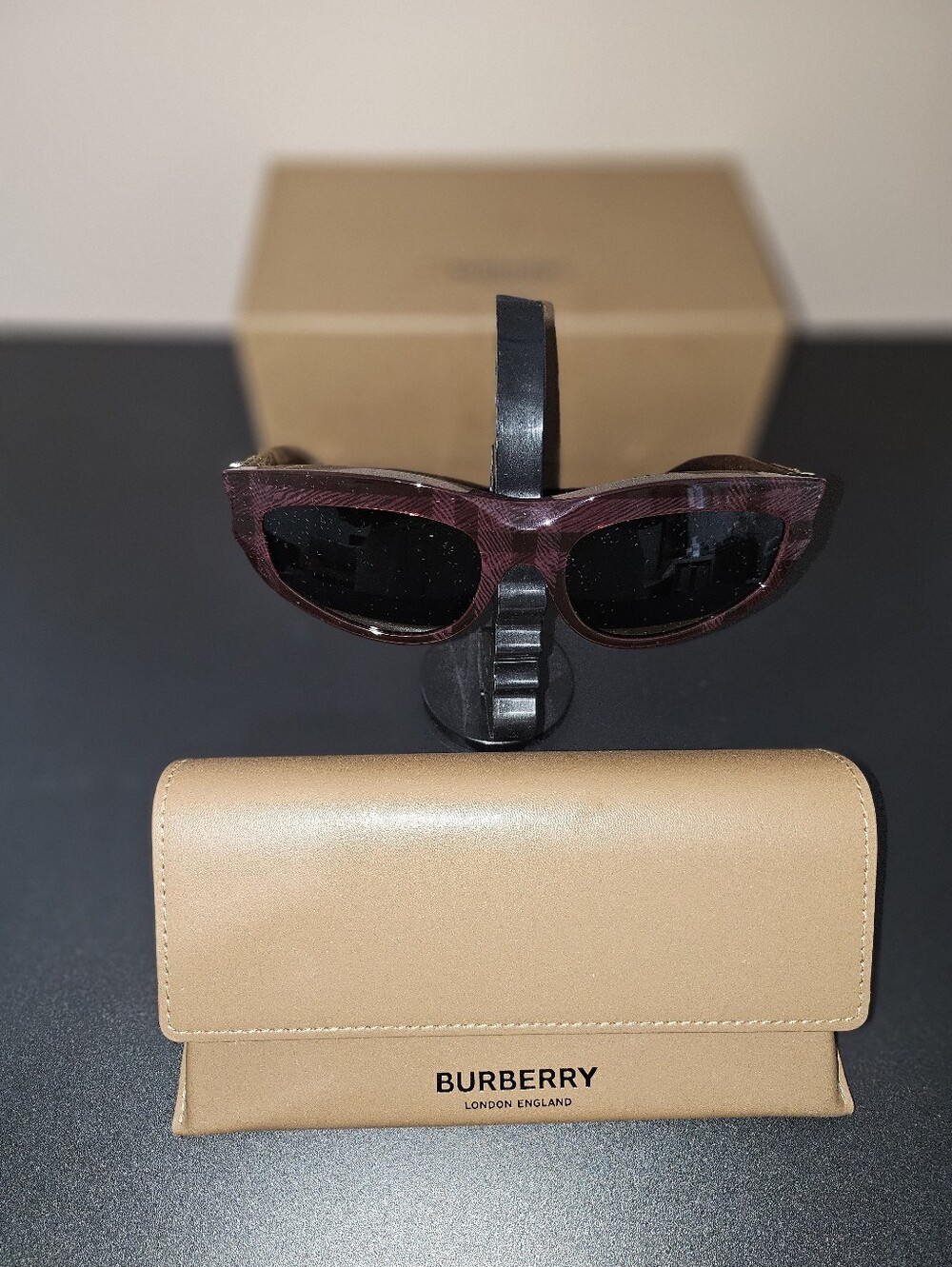 Burberry Maroon Patterned Frame Sunglasses with Black Lenses
